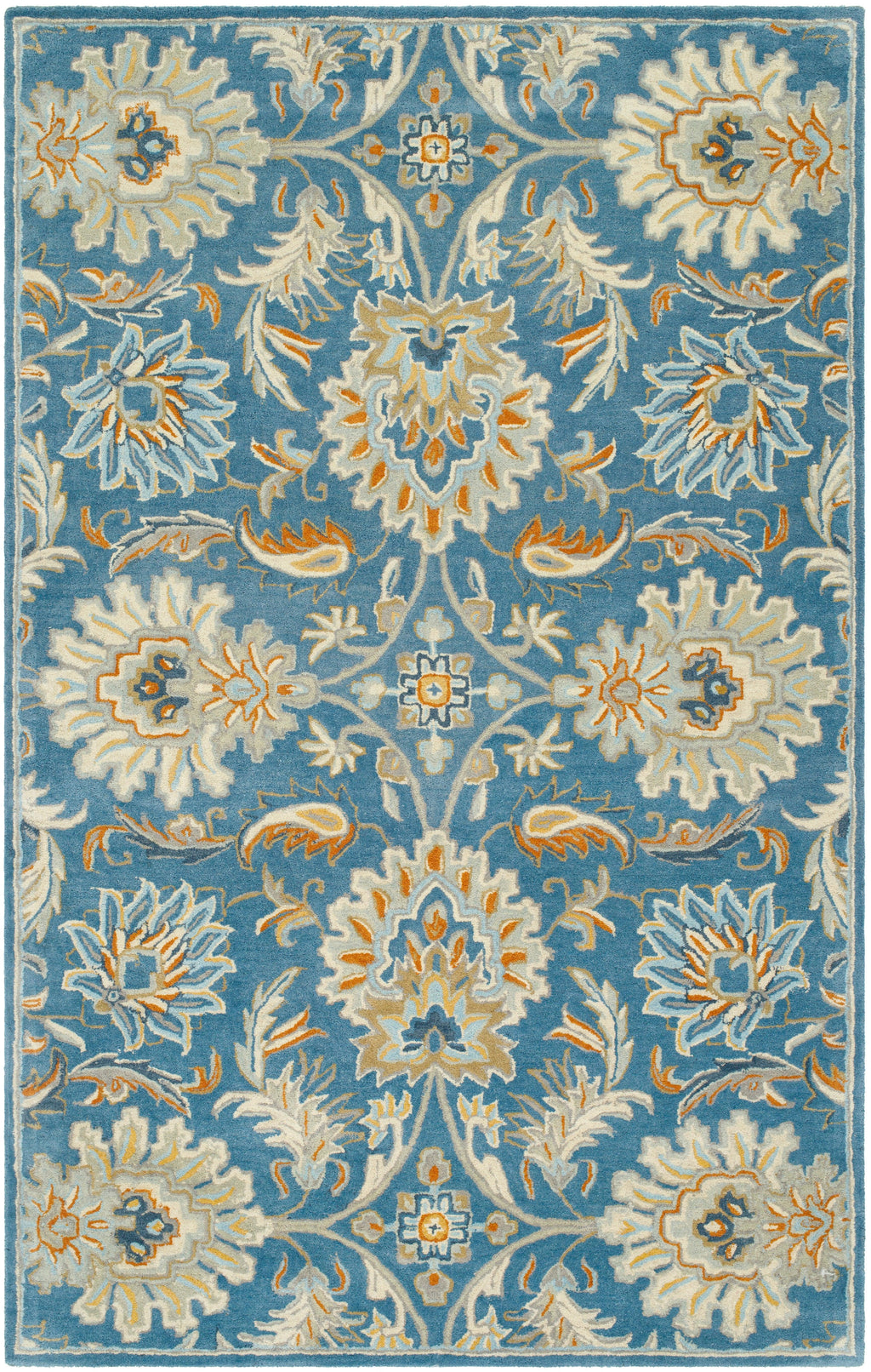 Mediterranean Aegean hand-tufted wool rug with blue and beige floral patterns.