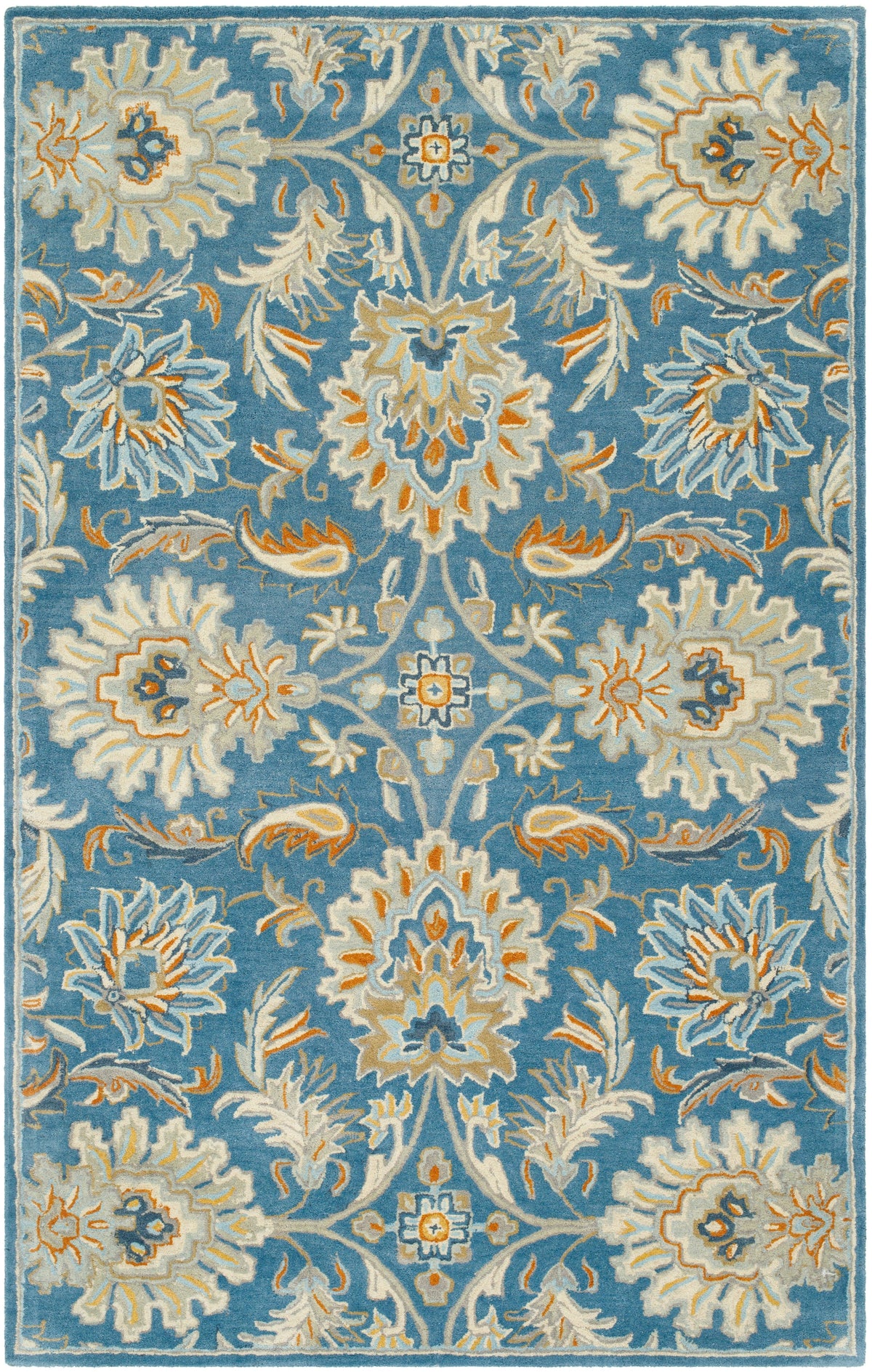 Mediterranean Aegean hand-tufted wool rug with blue and beige floral patterns.
