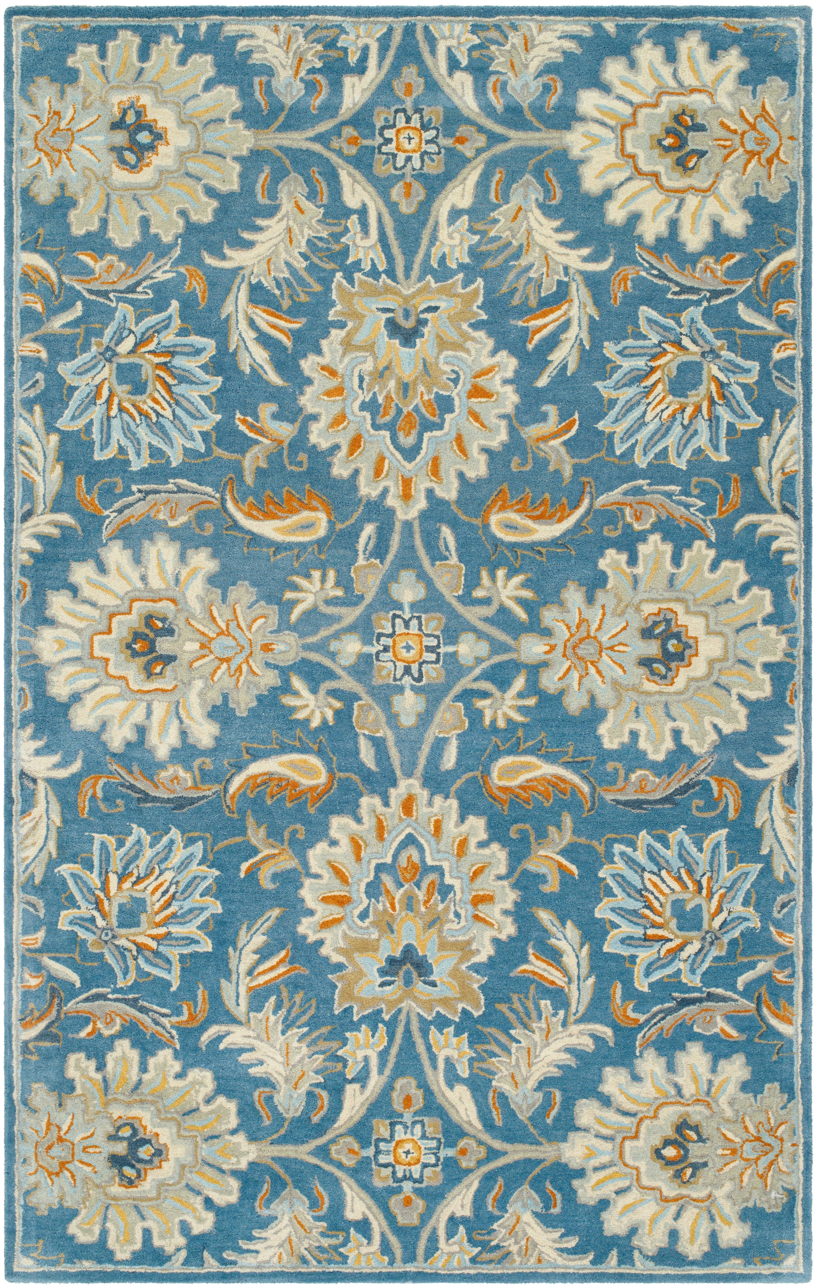 Mediterranean Aegean hand-tufted wool rug with blue and beige floral patterns.