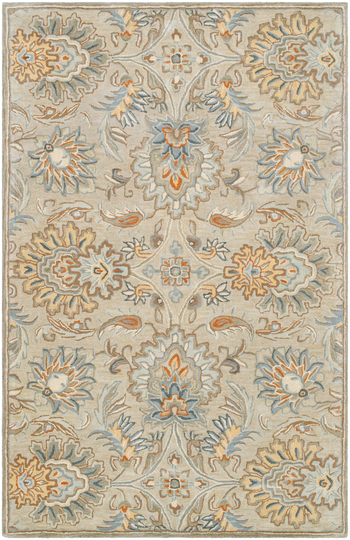 Mediterranean Pewter hand-tufted wool rug with gray, brick red, slate, and tan floral patterns.