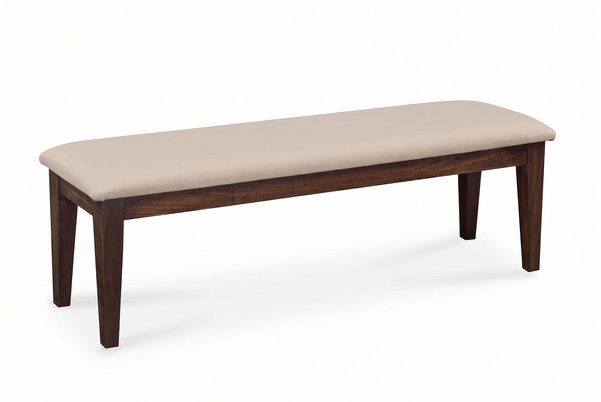 Claire Bench with beige upholstered seat and dark brown solid wood frame