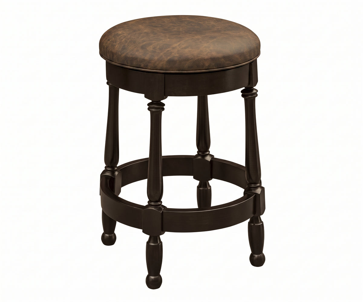 Cosgrove swivel barstool with a brown leather seat and dark wood turned legs.