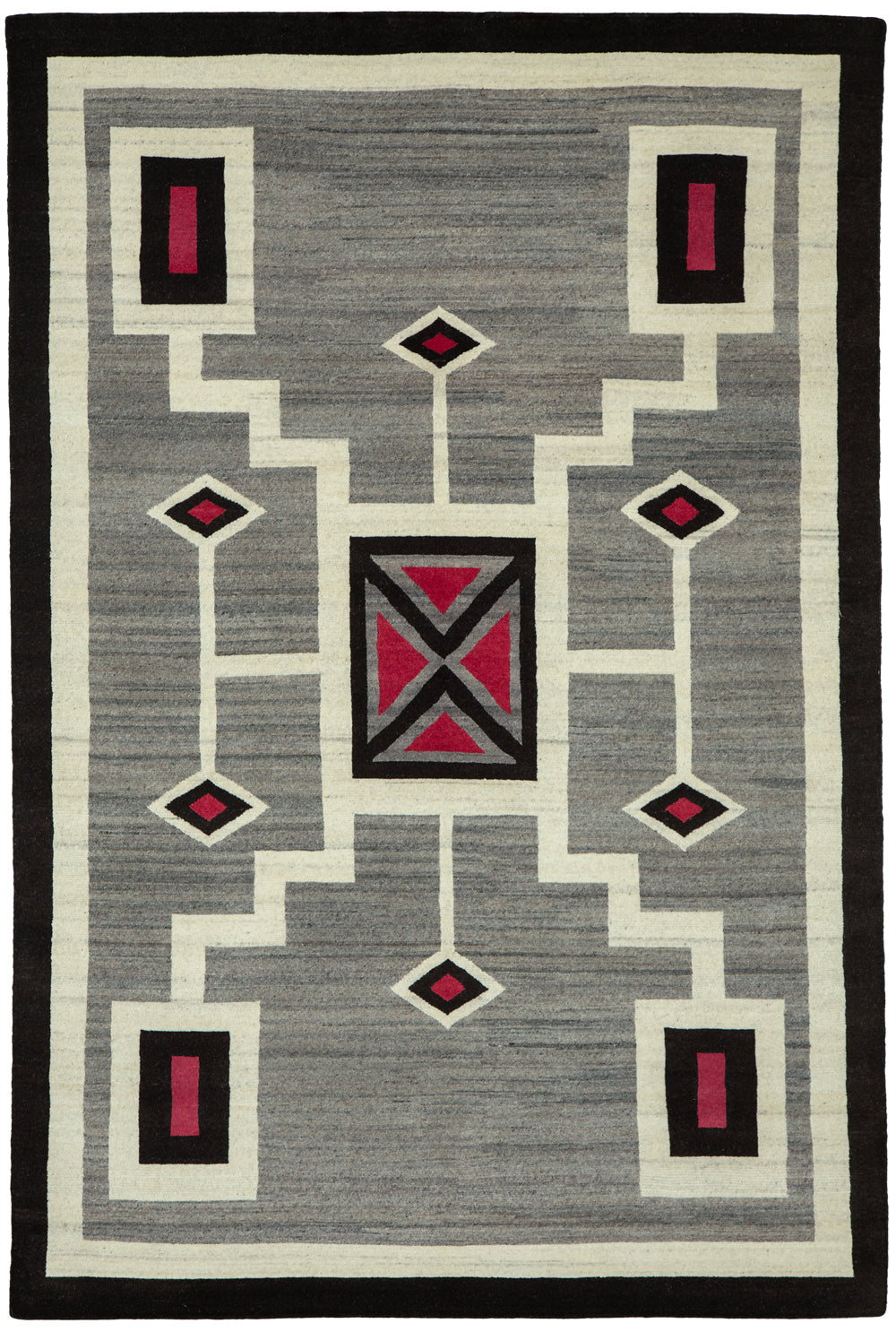 Coyote Southwest hand-knotted wool rug in grey, black, cream, and red geometric patterns.
