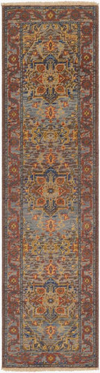 Cappadocia hand-knotted wool runner rug with blue, red, and gold Turkish-style geometric patterns.
