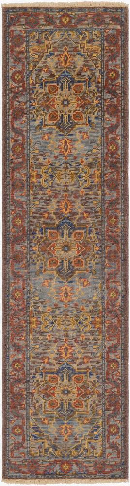 Cappadocia hand-knotted wool runner rug with blue, red, and gold Turkish-style geometric patterns.