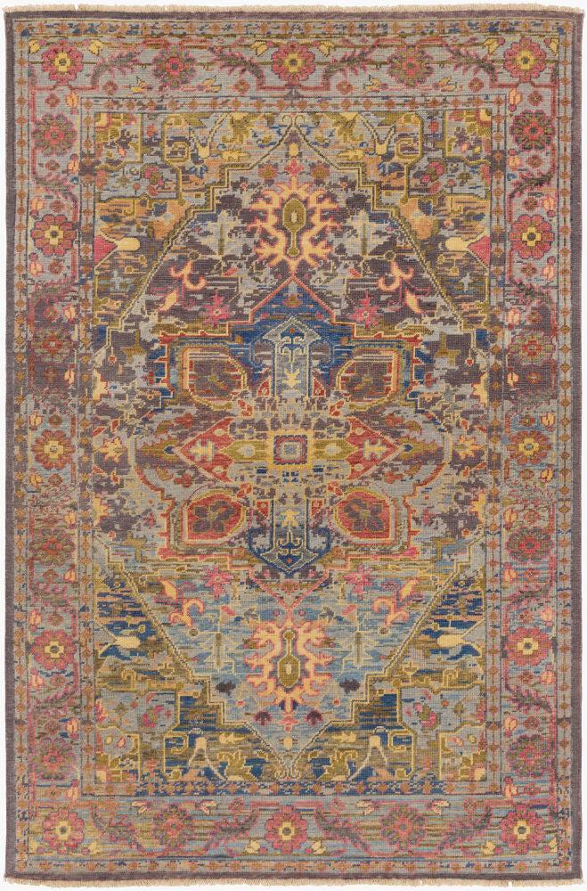 Cappadocia hand-knotted wool rug with traditional Turkish patterns in blue, red, and gold.
