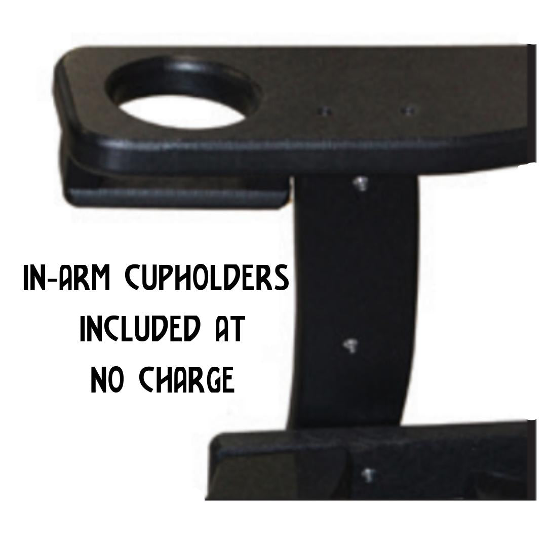 Black swivel chair armrest featuring a built-in circular cupholder.