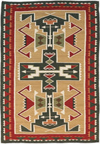 Teec Nos Pos Southwest flat-weave wool rug with geometric Navajo-style patterns in red, green, and beige.