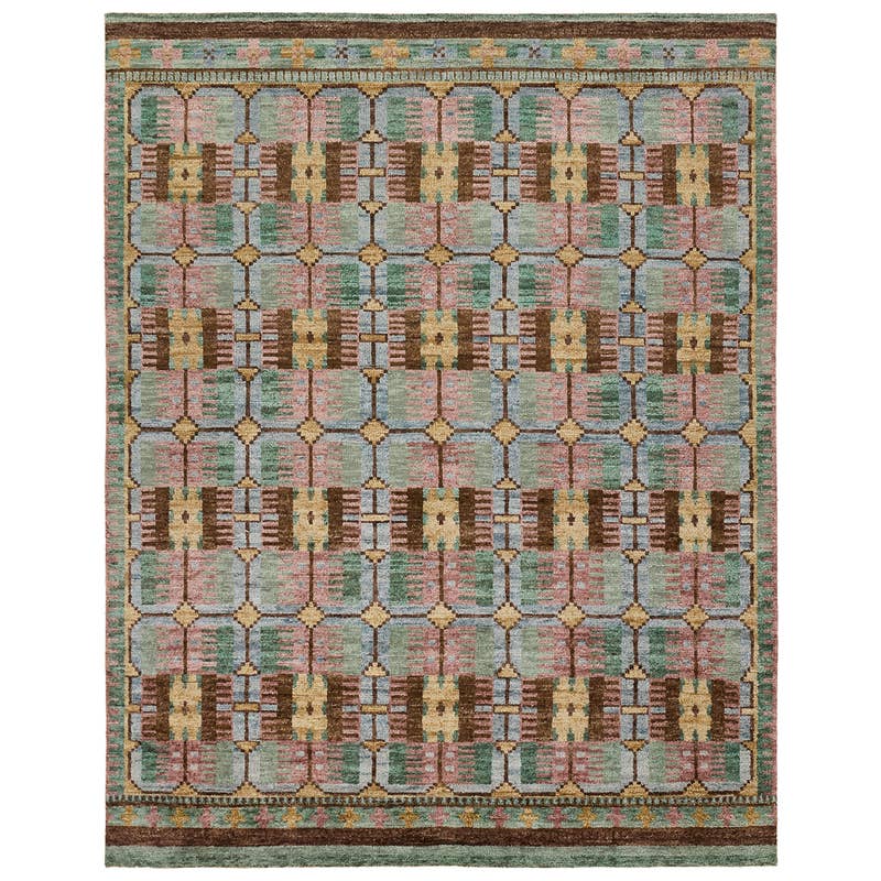 Hazan hand-knotted wool rug featuring a geometric pattern in green, pink, brown, and gold.