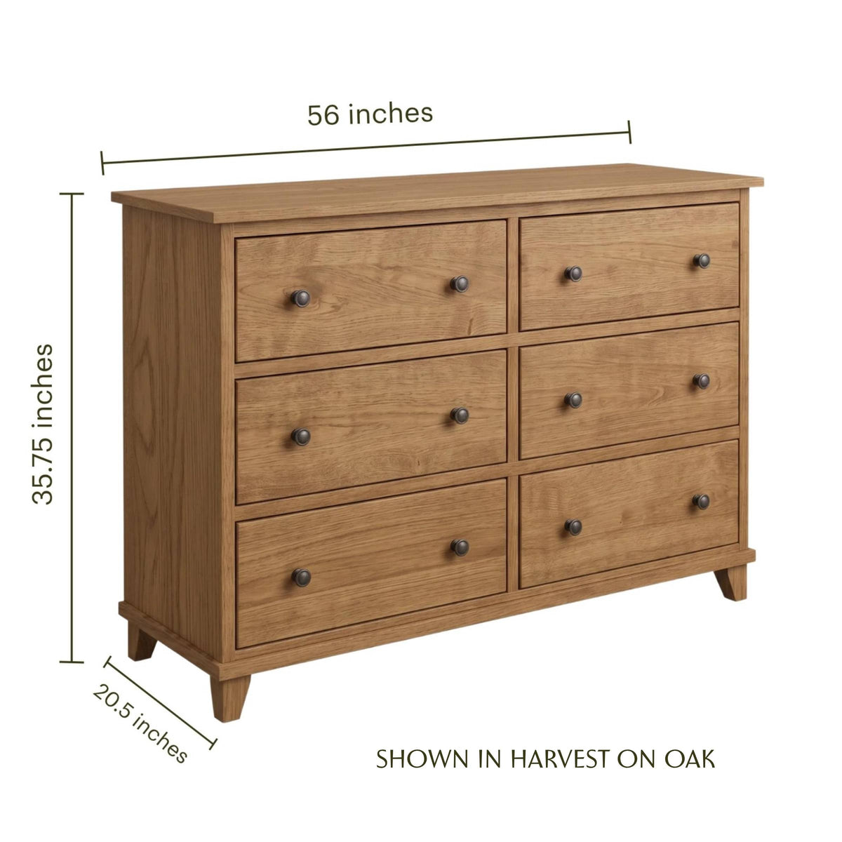 Hyland solid oak 6-drawer dresser in harvest finish with dimensions and dark round knobs.