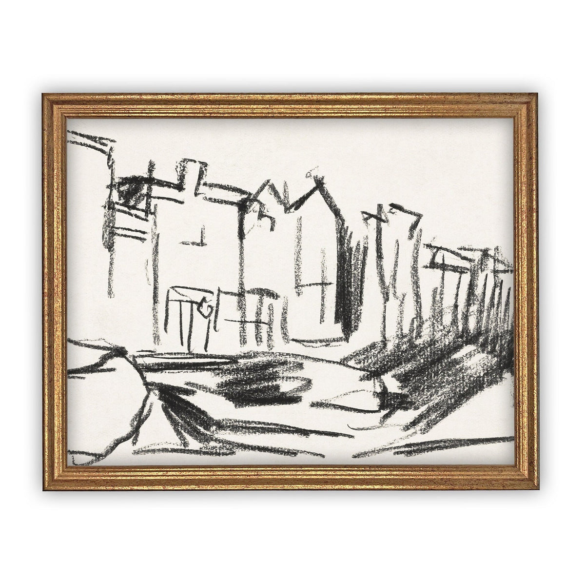Vintage Framed Cityscape Sketch Canvas  Art