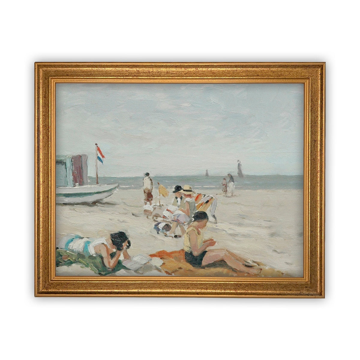 Vintage Framed Beach Scene Canvas Art