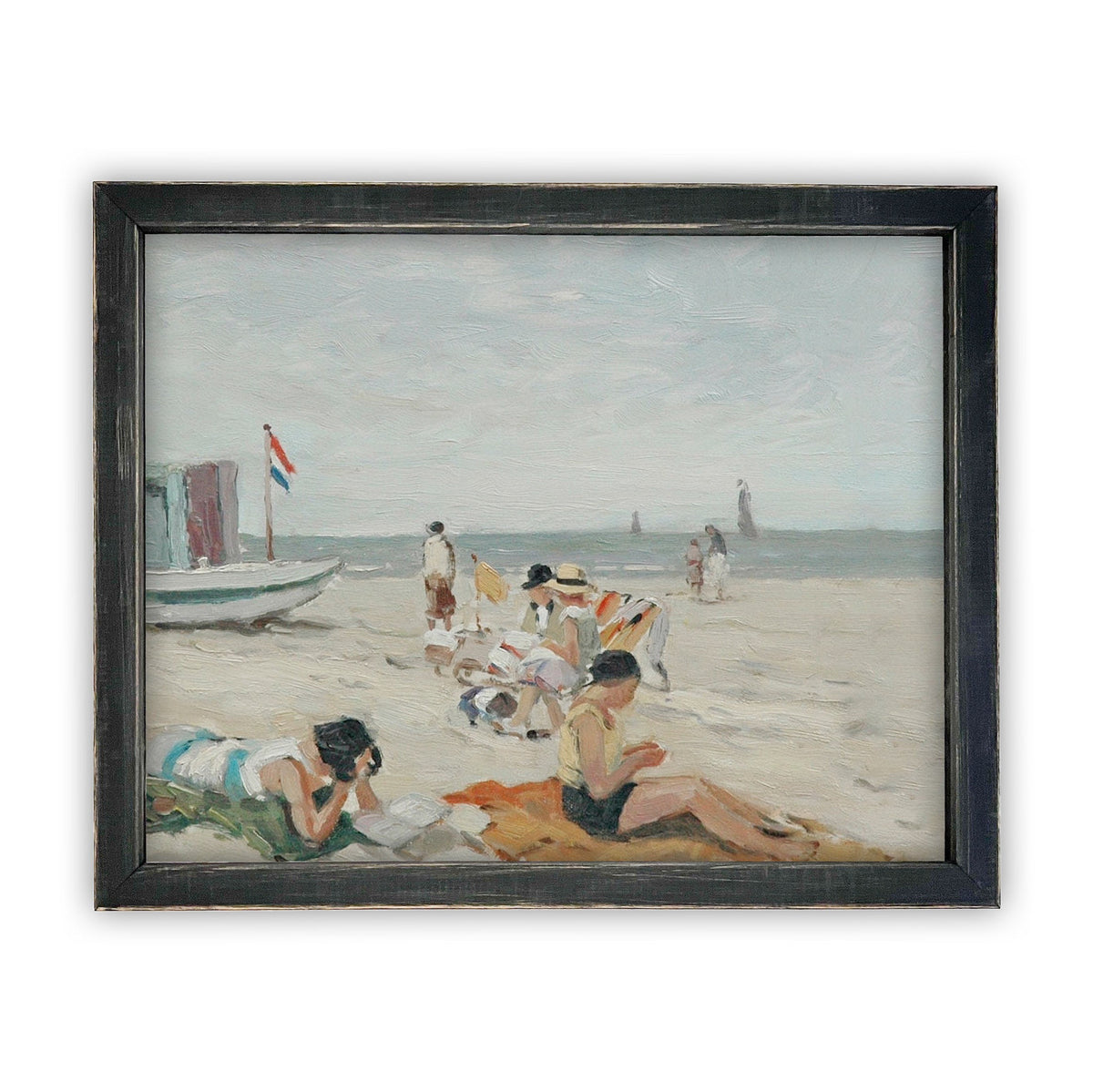 Vintage Framed Beach Scene Canvas Art