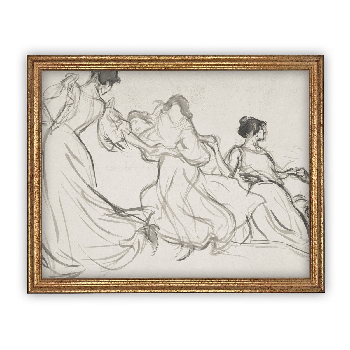 Vintage Framed Canvas Dancing Women Portrait