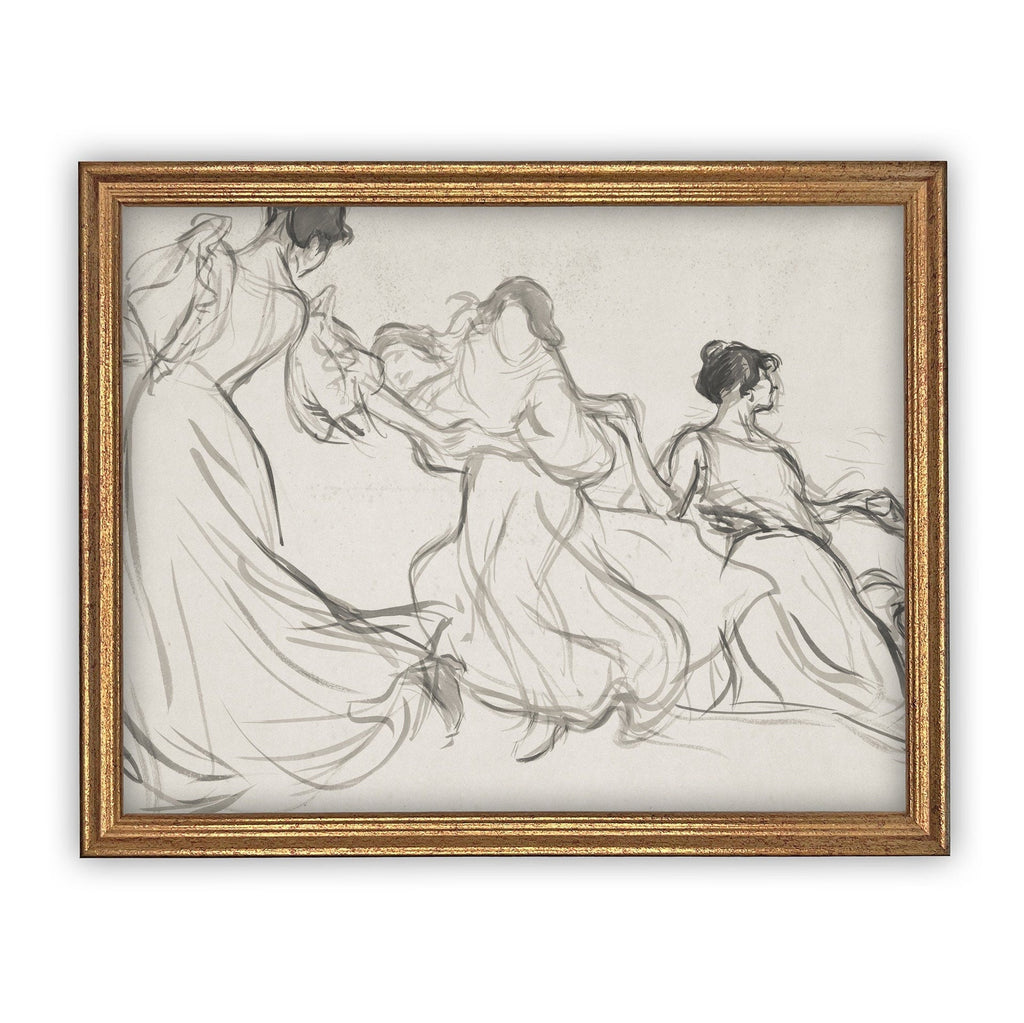 Vintage Framed Canvas Dancing Women Portrait