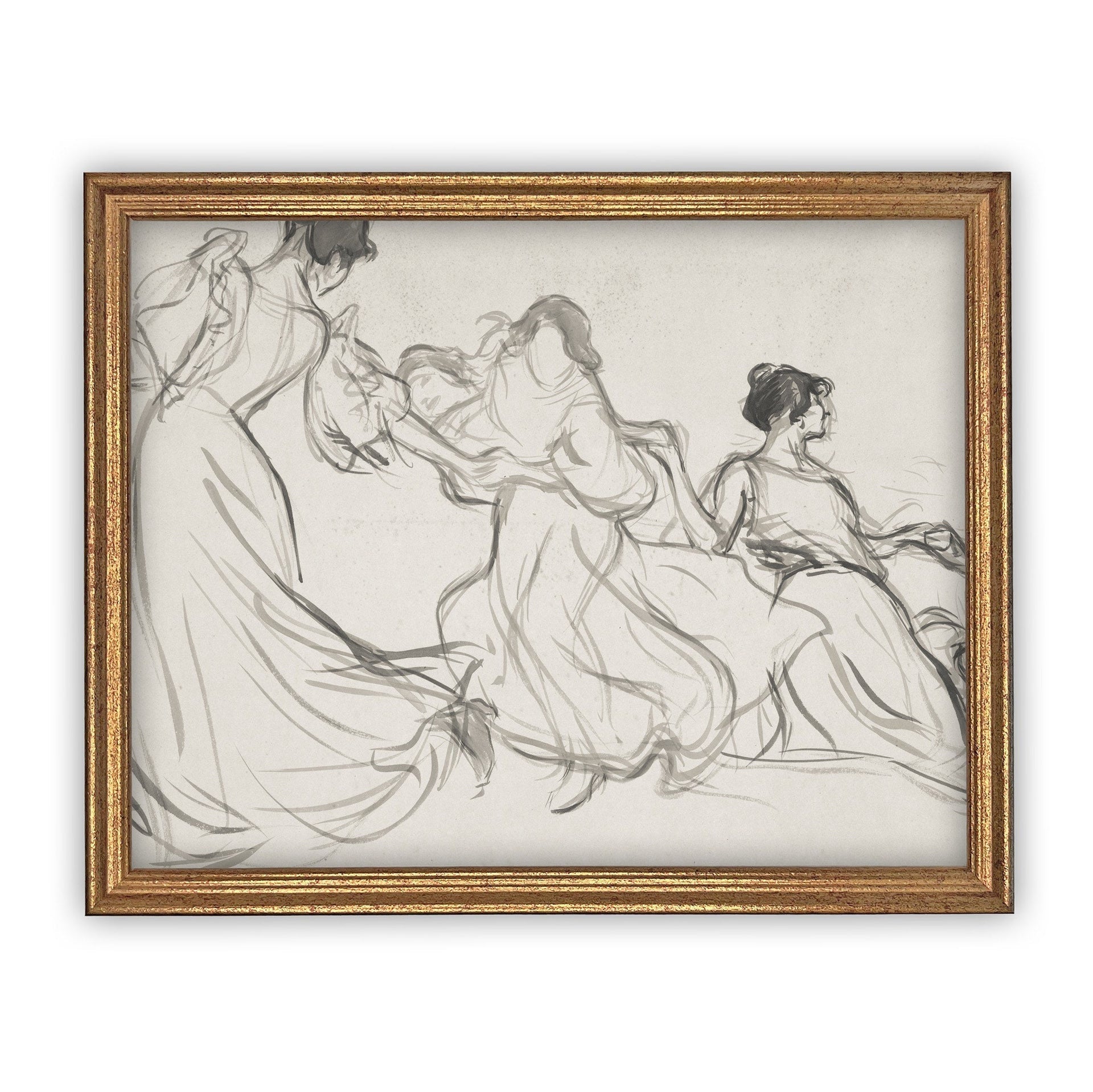 Vintage Framed Canvas Dancing Women Portrait