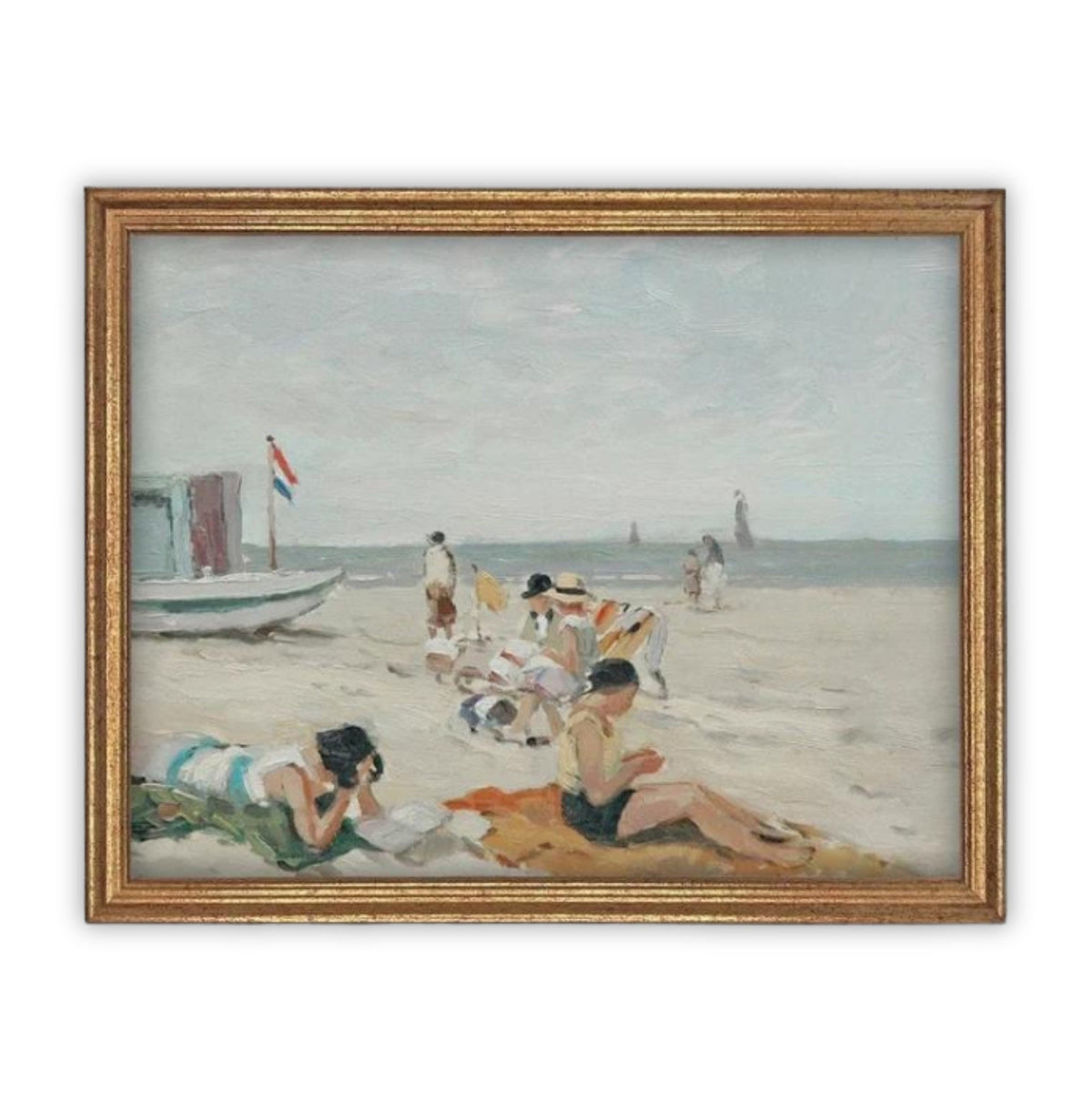 Vintage Framed Beach Scene Canvas Art