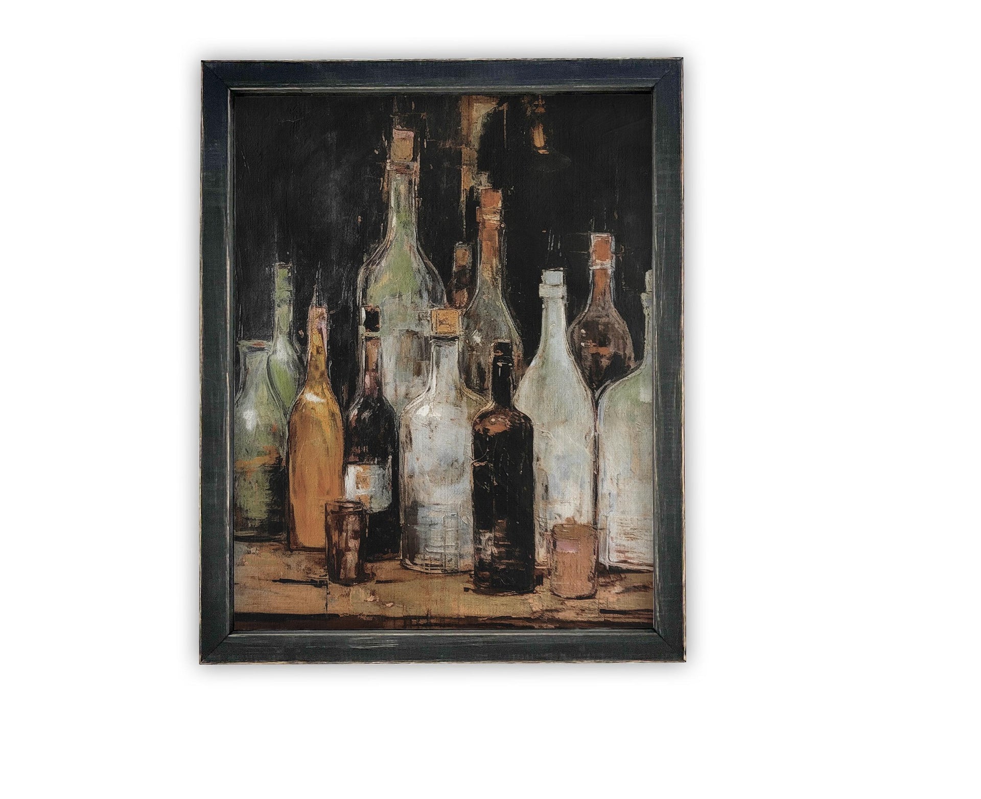 Vintage Framed Canvas Bottles Art