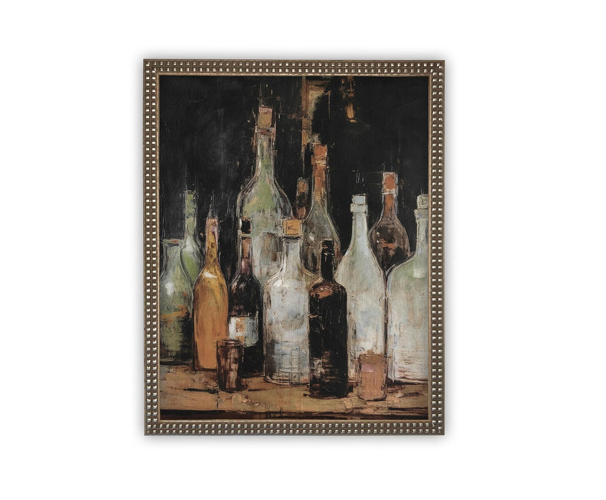 Vintage Framed Canvas Bottles Art