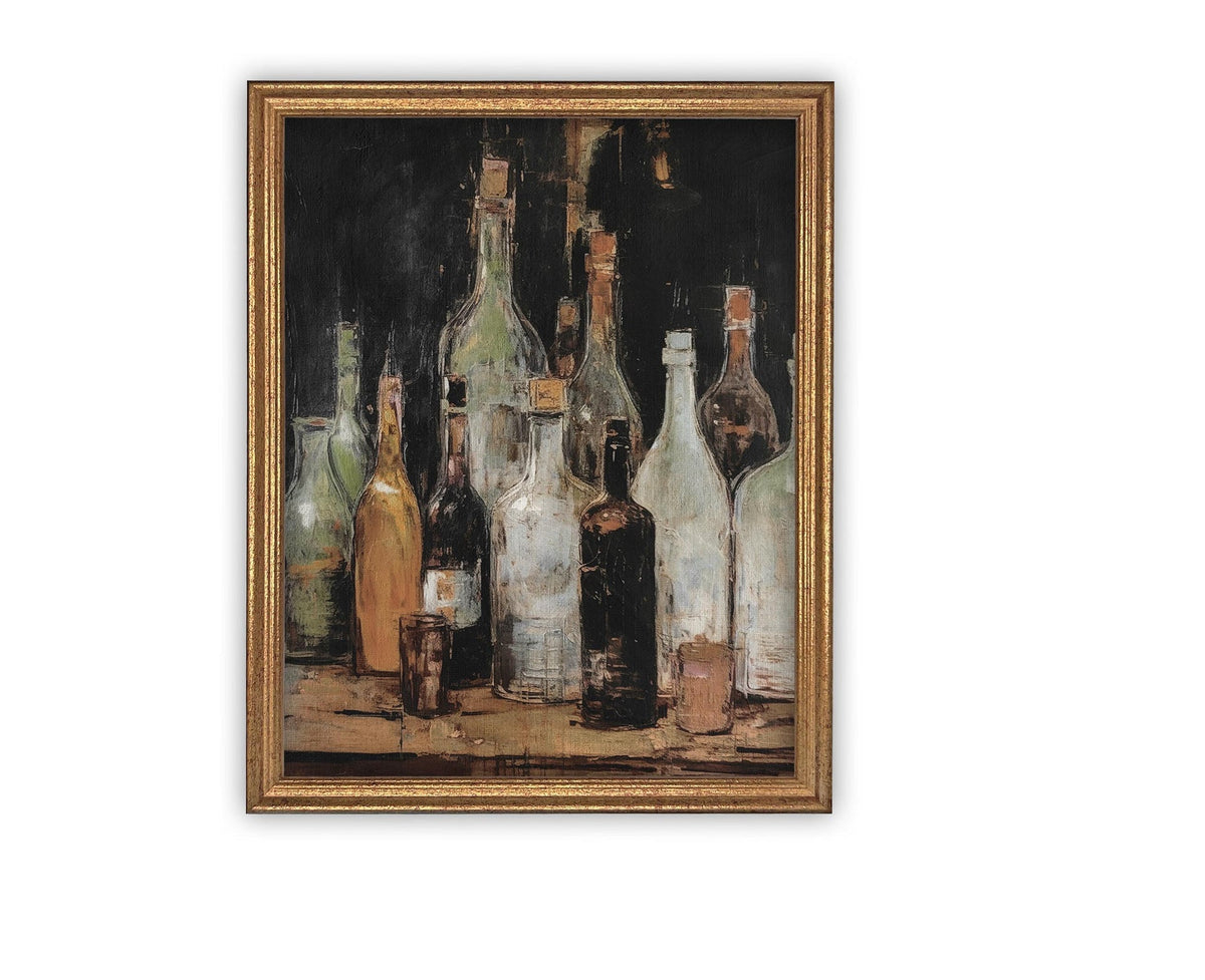 Vintage Framed Canvas Bottles Art