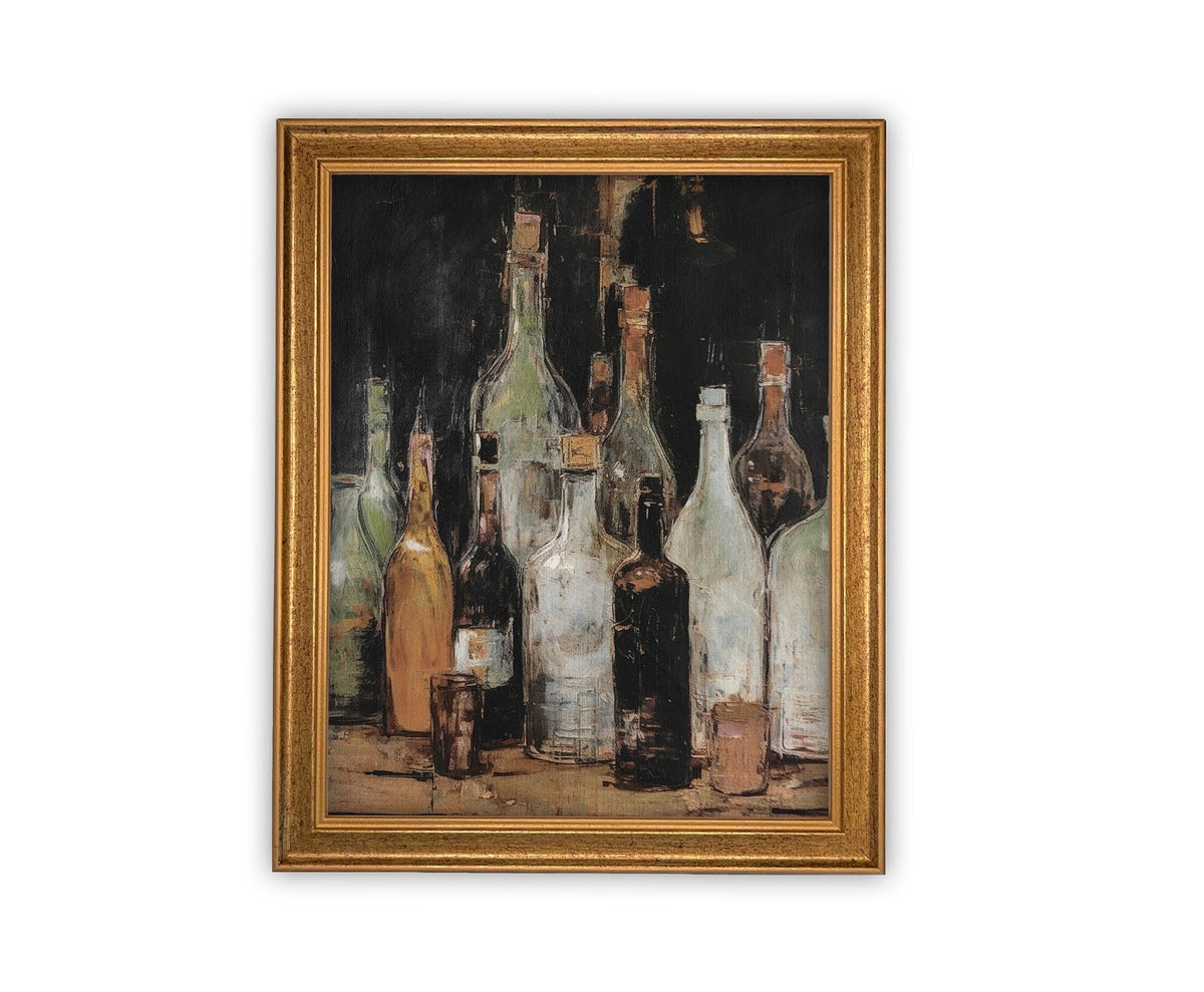 Vintage Framed Canvas Bottles Art