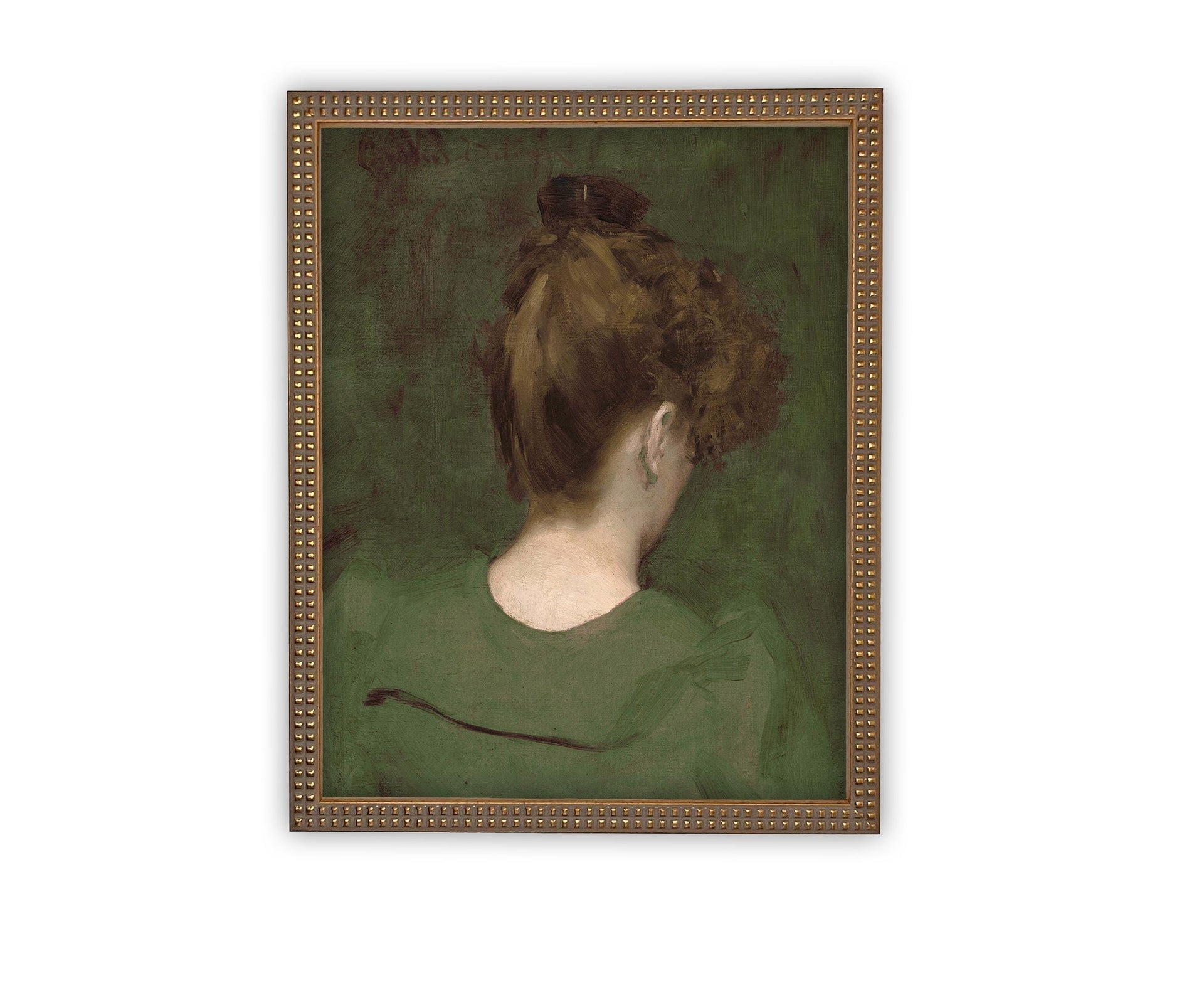 Vintage Framed Canvas Green Portrait of a Woman Art