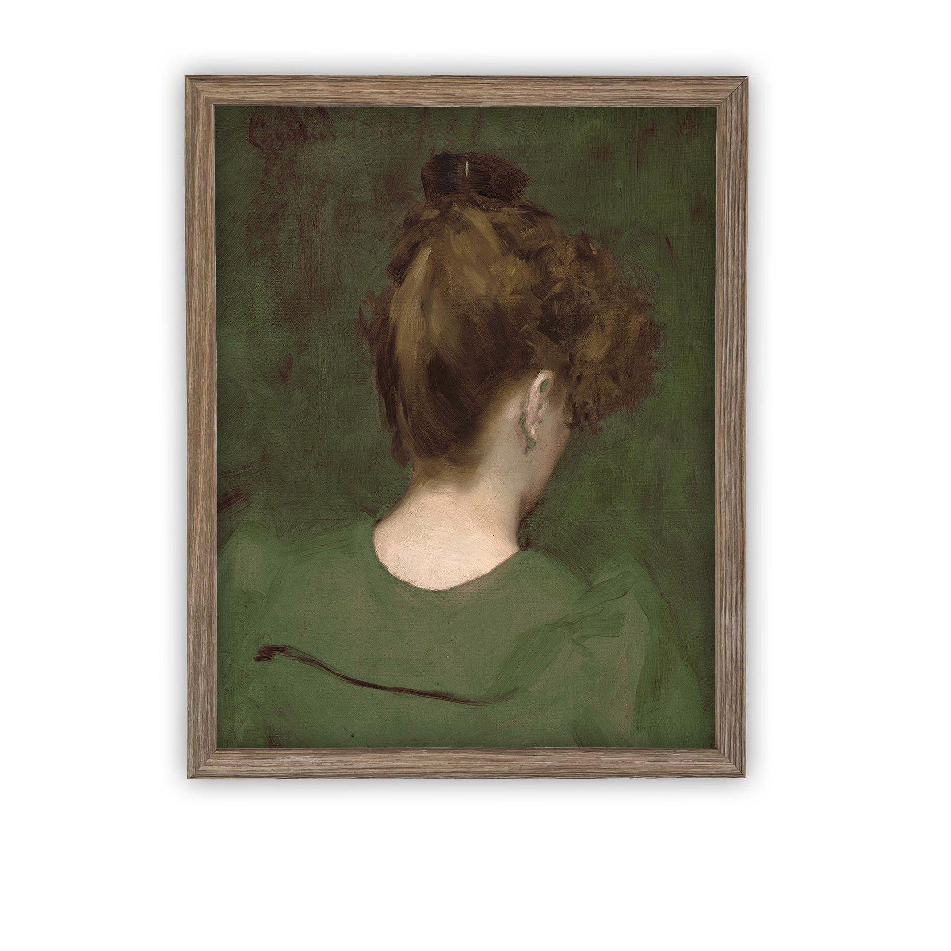 Vintage Framed Canvas Green Portrait of a Woman Art