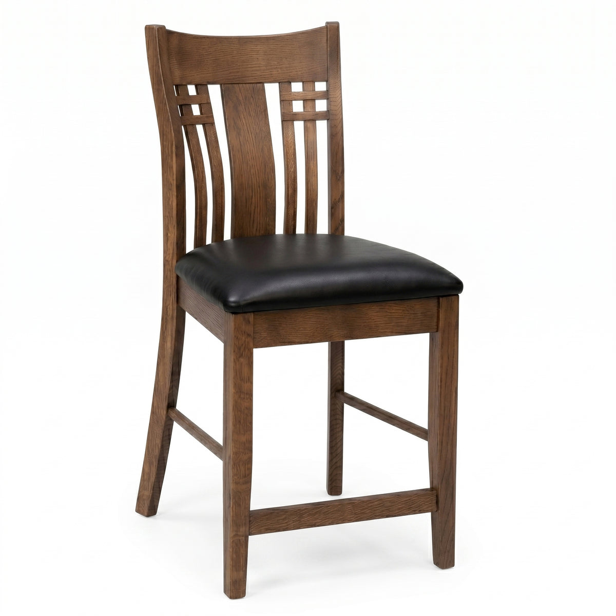 Larson Mission Bar Chair in solid brown wood with a black leather upholstered seat.