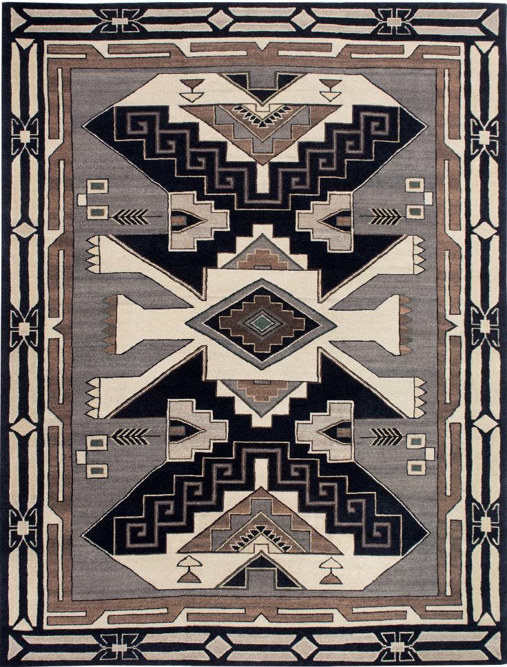 San Mateo Southwest hand-knotted wool rug with geometric patterns in grey, black, and beige.