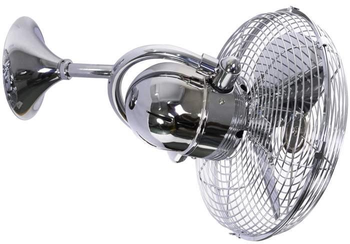 Atlas Kaye wall-mount oscillating fan in polished chrome with a vintage train cabin design.