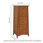McCoy oak lingerie chest with six drawers, showing dimensions of 24 by 58 inches.