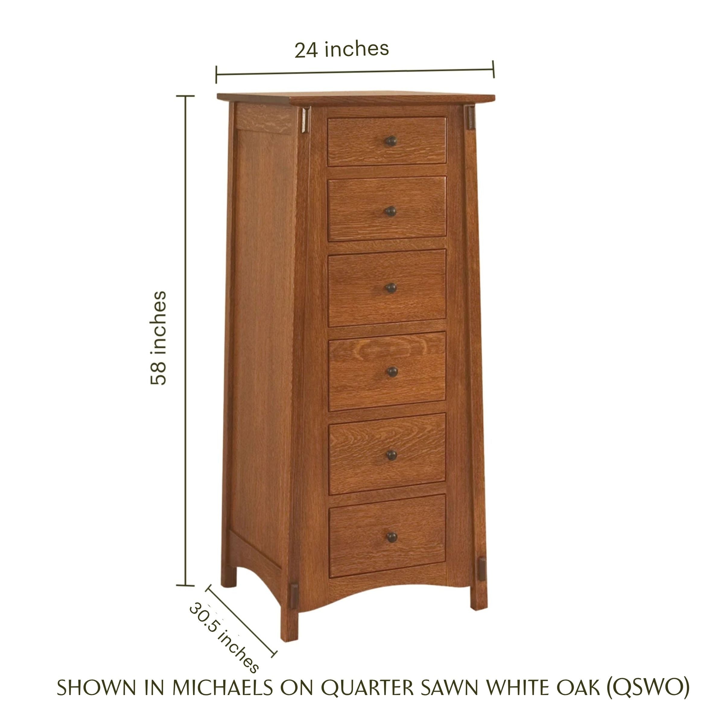 McCoy oak lingerie chest with six drawers, showing dimensions of 24 by 58 inches.