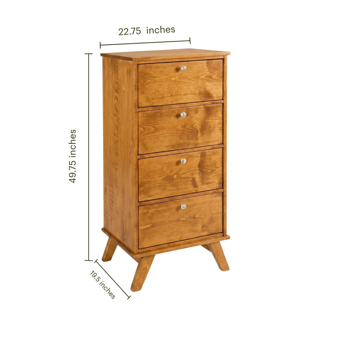 MidMod 4-drawer chest in warm brown wood with dimensions.