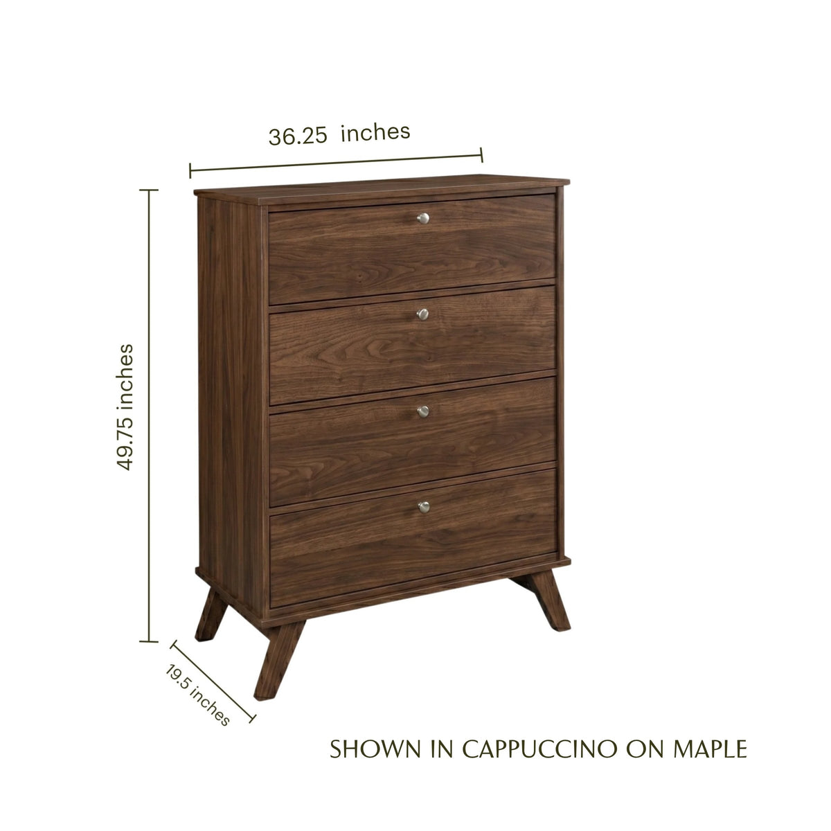 MidMod 4-drawer chest in cappuccino on maple with dimensions shown