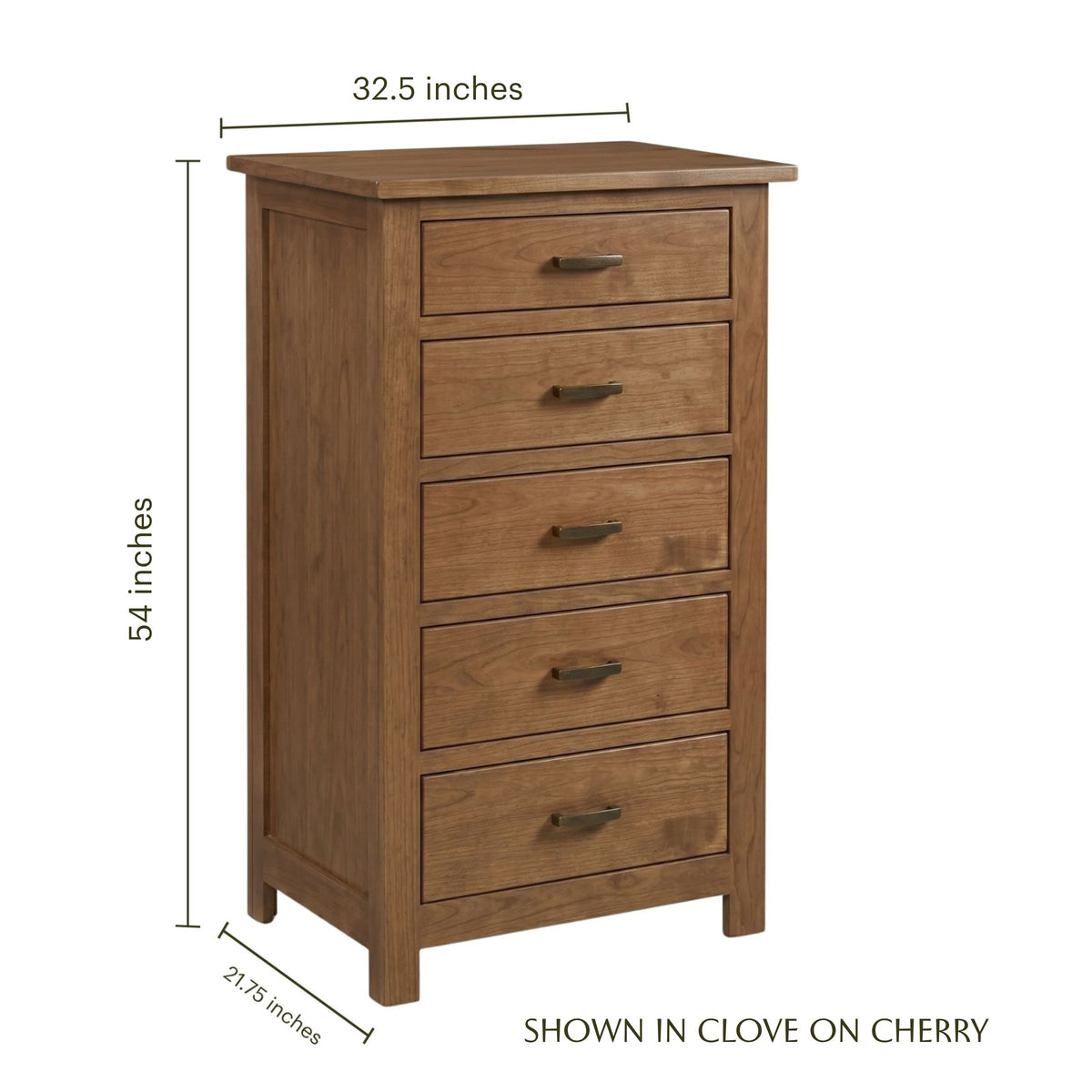 Mission 5-drawer cherry wood chest in clove finish with dimensions of 54 by 32.5 by 21.75 inches.