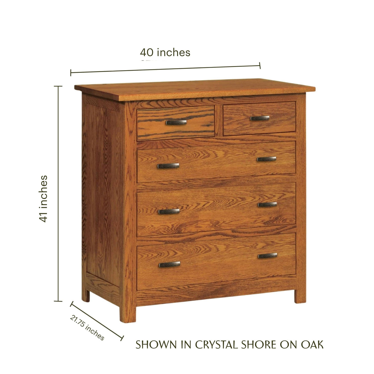 Mission 5-drawer oak chest in Crystal Shore finish with dimensions 40"W x 41"H x 21.75"D.