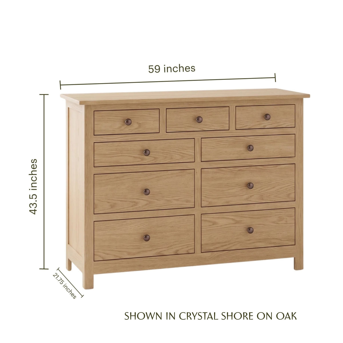 Mission 9-drawer oak wood dresser in crystal shore finish with dimensions shown
