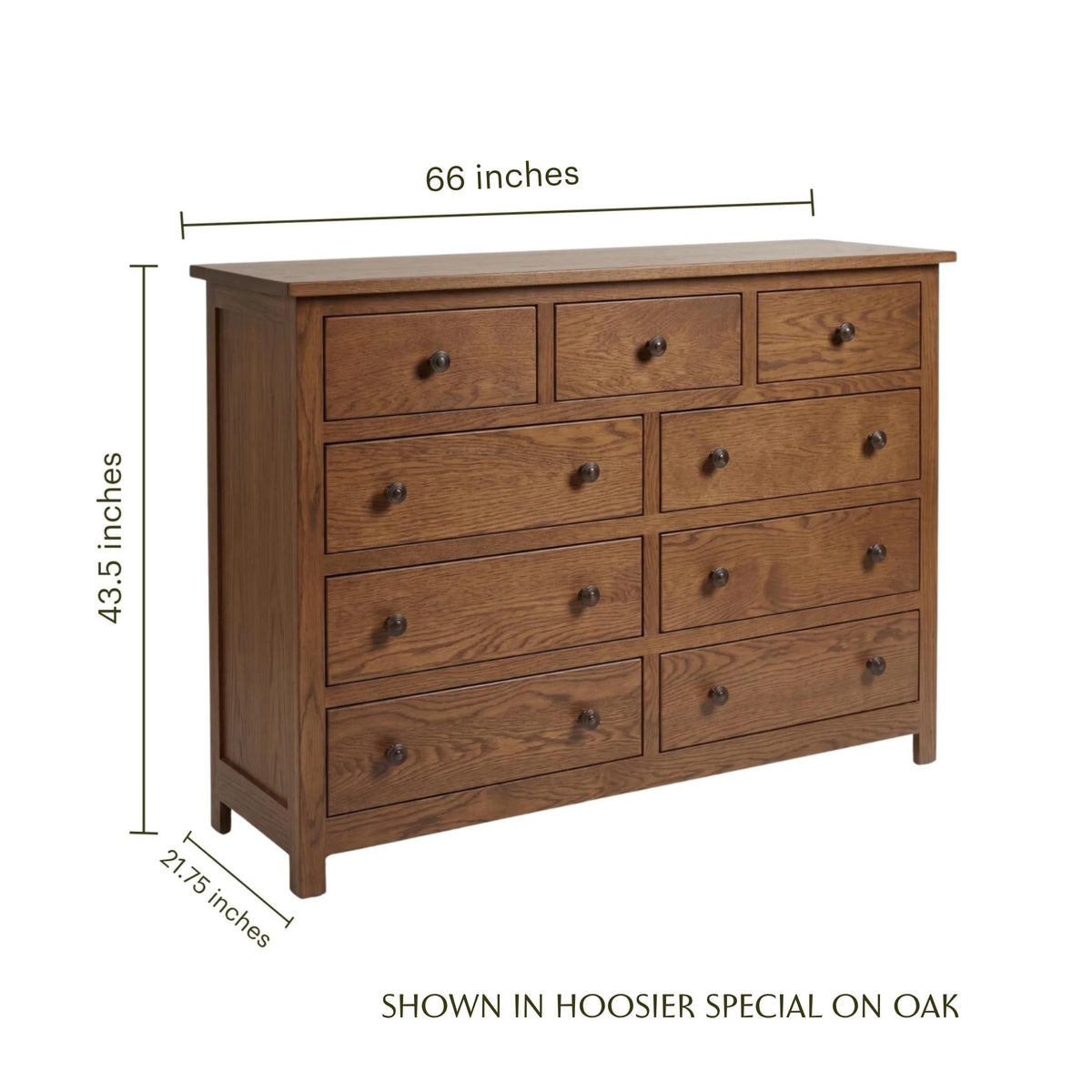 Mission 9-drawer oak wood dresser in Hoosier Special finish with dimensions.