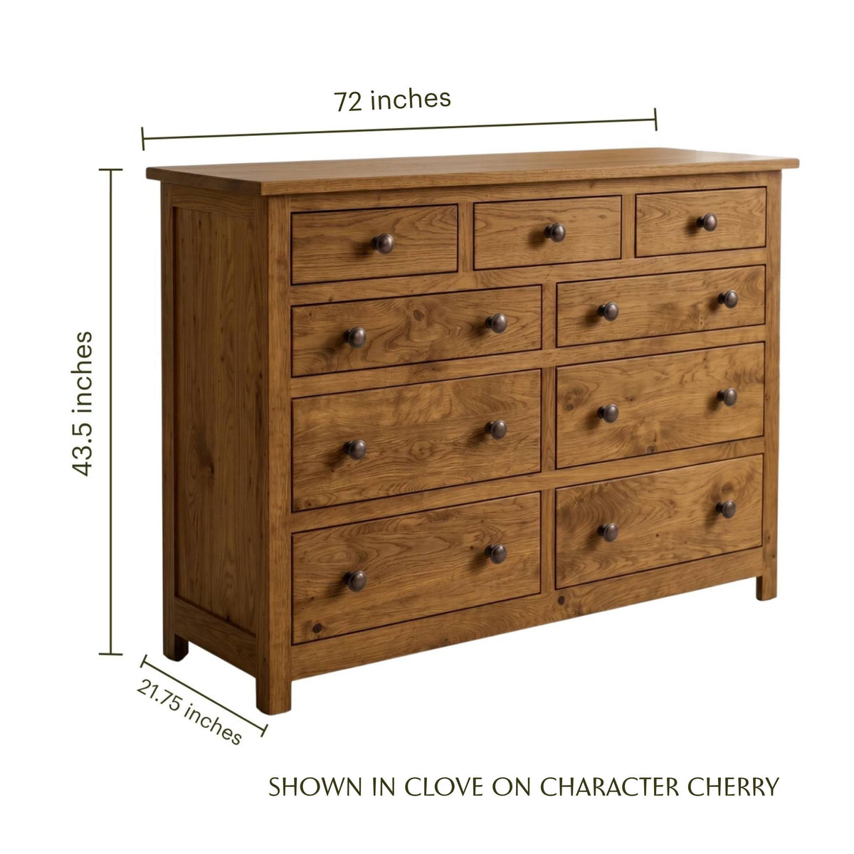 Mission 9-drawer cherry wood dresser in clove finish with dimensions shown
