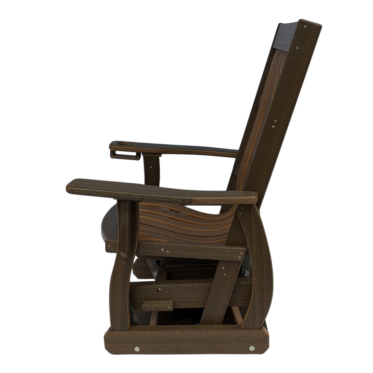 Side view of a brown Mission Style Swivel Glider patio chair with a built-in cupholder.