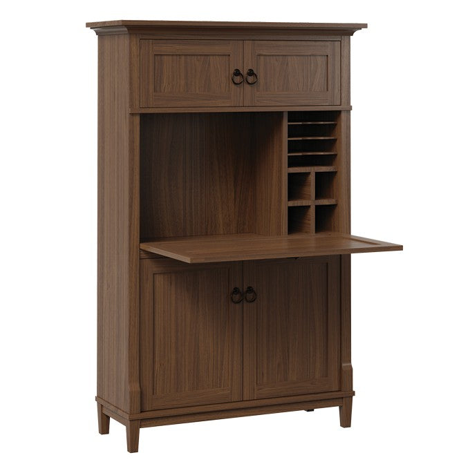 Brown solid wood flipdown secretary desk with cabinets, shelving, and a fold-out workspace.