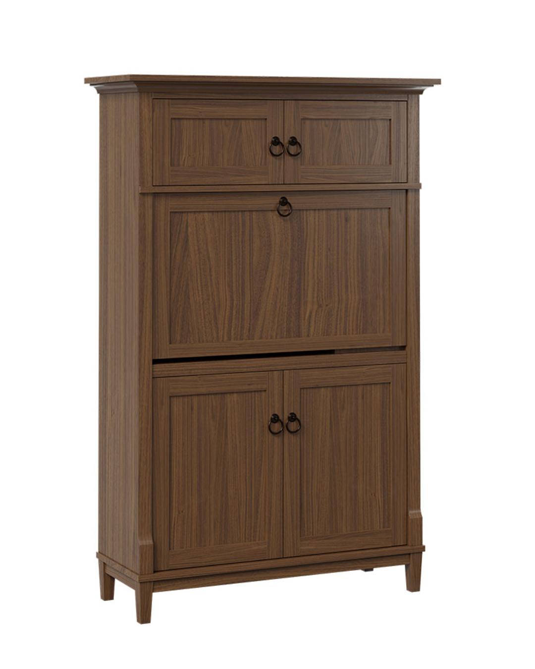 Brown solid wood flipdown secretary desk with closed cabinets and black ring pulls.