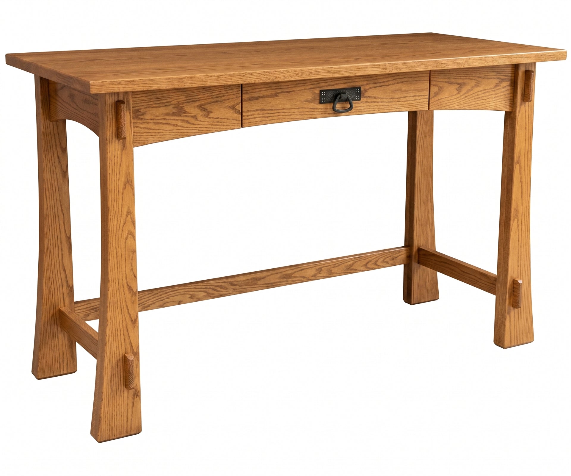 Modesto solid oak writing table with a single drawer and craftsman style joinery.