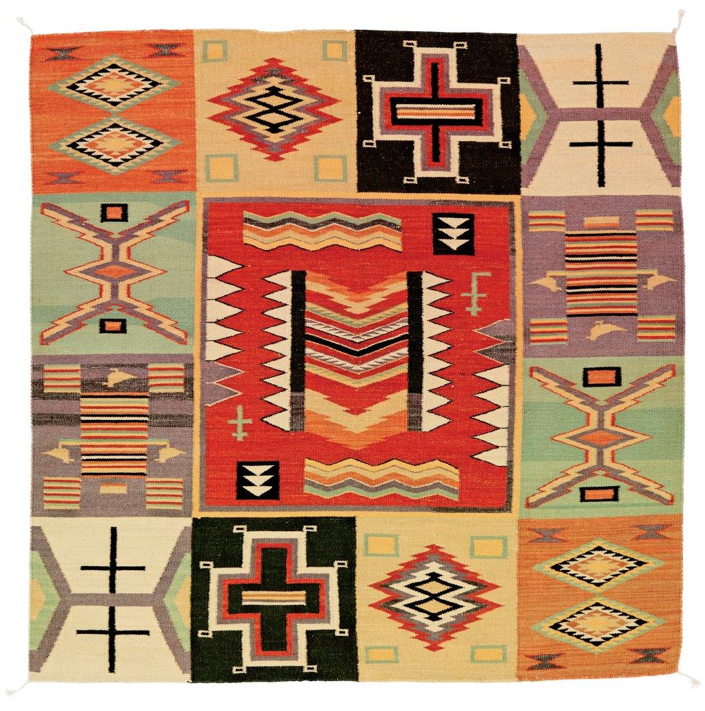 German Town Southwest flat-weave wool rug featuring colorful Navajo-inspired geometric patterns.