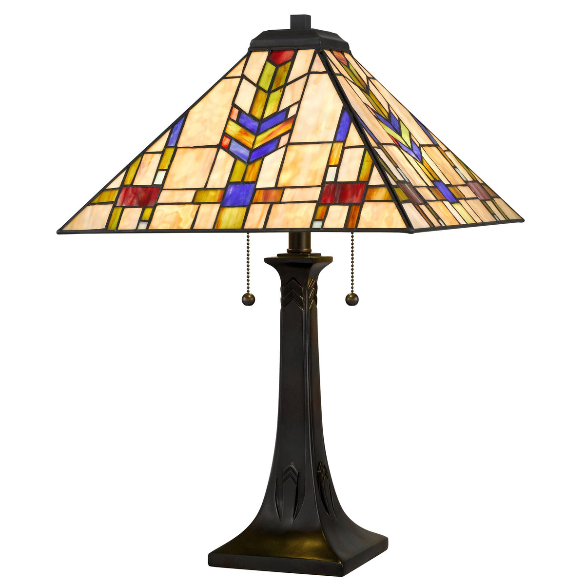 Stained glass lamp with Blue, red and gold prairie chevron motif
