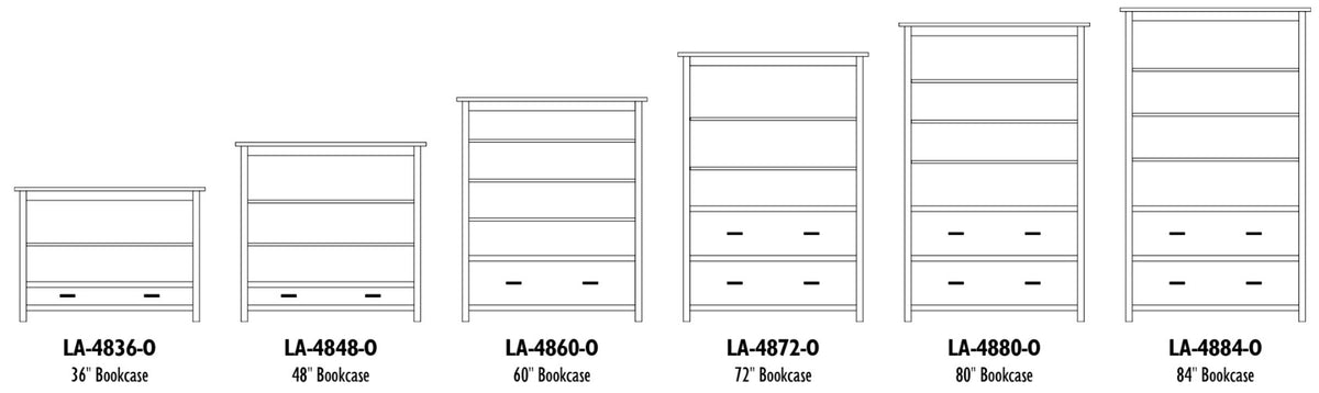 Line drawings of Lamont bookcases in six heights from 36 to 84 inches.