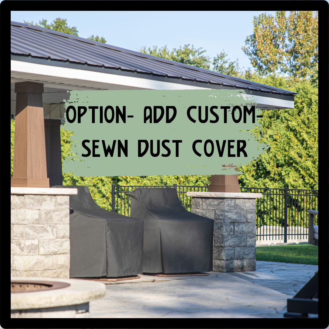 Two contemporary outdoor chair swings protected by dark grey custom-sewn dust covers on a patio.