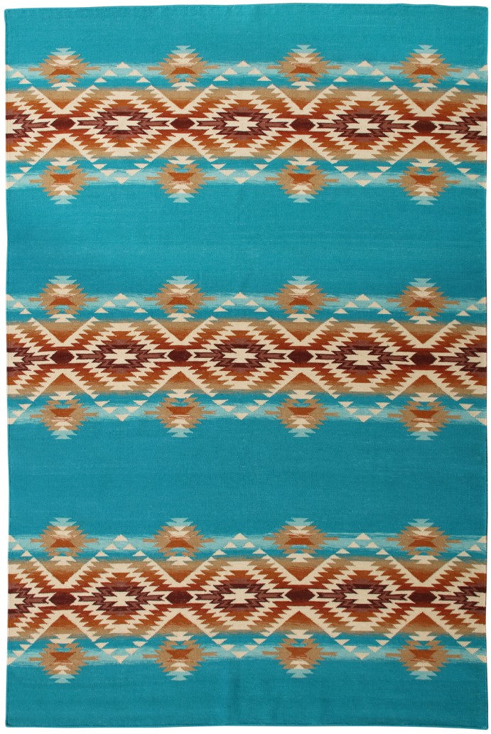 Pendleton Pagosa Springs turquoise wool rug with brown Southwest geometric patterns.