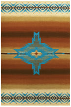 Pendleton Pagosa Springs wool rug with brown stripes and blue Southwest geometric patterns.