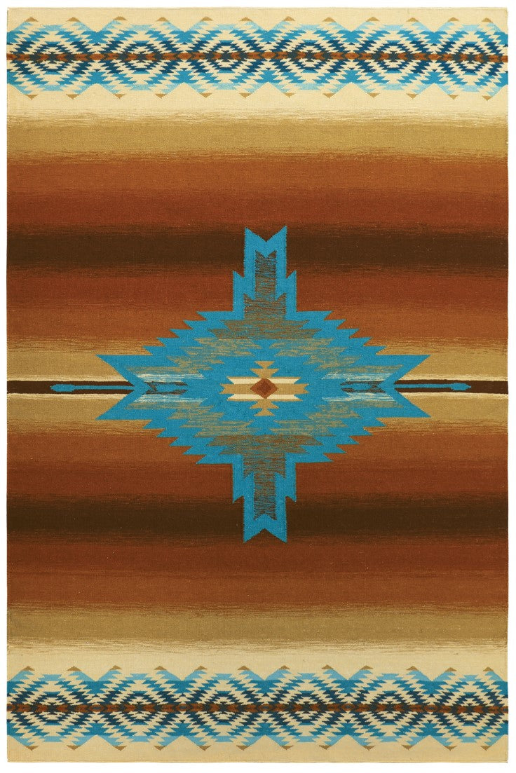 Pendleton Pagosa Springs wool rug with brown stripes and blue Southwest geometric patterns.